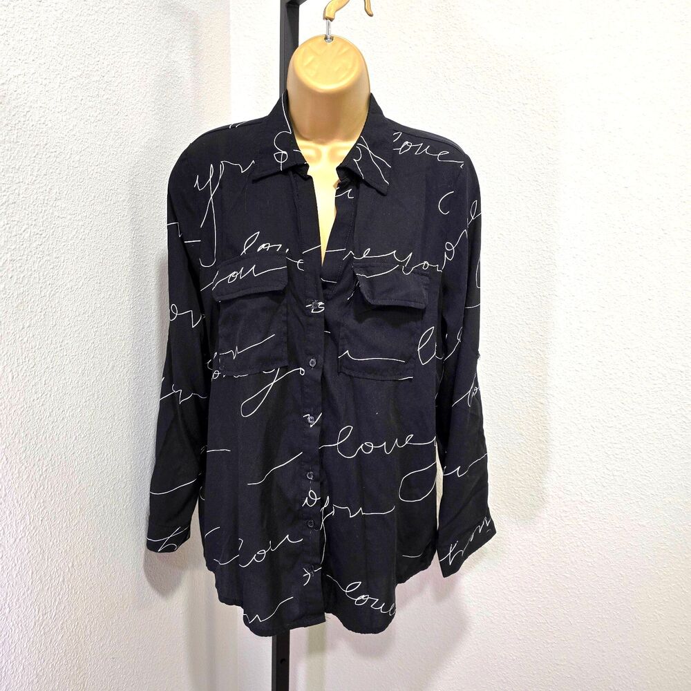 Black Button Shirt Womens Med Dark Romantic Minimalist Chic Office Career Love